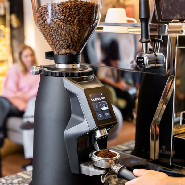 83mm Macap Supra Black commercial espresso coffee grinder designed for fast, consistent grinding in busy cafés