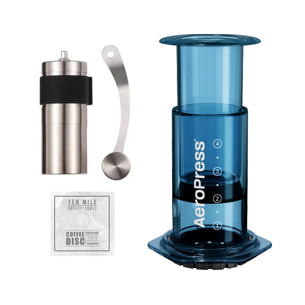 Aeropress Clear Coffee Maker Bundle Ten Mile Mini Blue Bundle