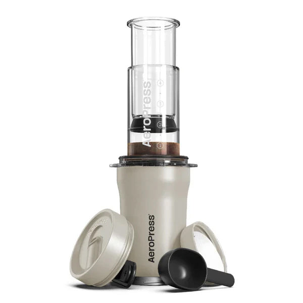 AeroPress Go Plus Cream coffee maker portable press brewer with compact travel design for easy brewing anywhere