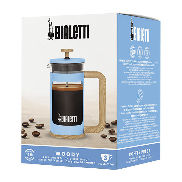 Bialetti Blue Woody Coffee Press 350ml with sturdy glass body and stylish wood look handle