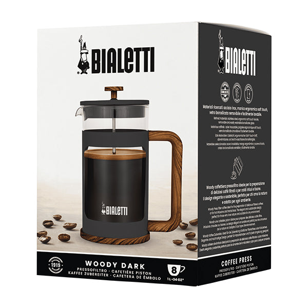 Bialetti Dark Woody Coffee Press 1L with sleek wood look handle and sturdy heat resistant glass