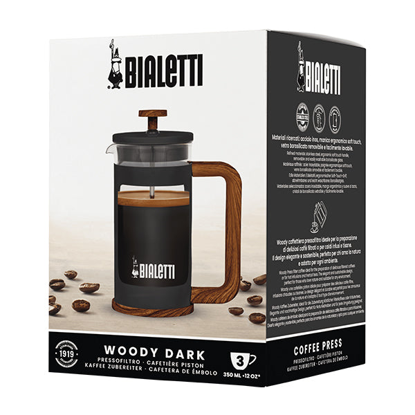 Bialetti Dark Woody Coffee Press 350ml with heatproof glass and stylish wood look handle