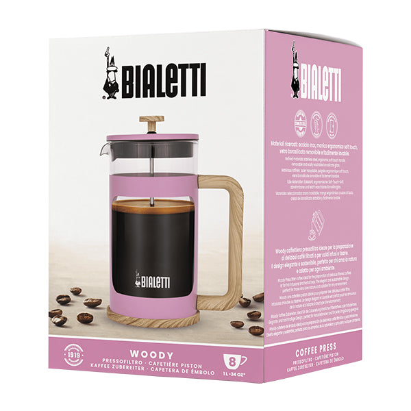 Bialetti Pink Woody Coffee Press 1L with elegant wood look handle and heat resistant glass