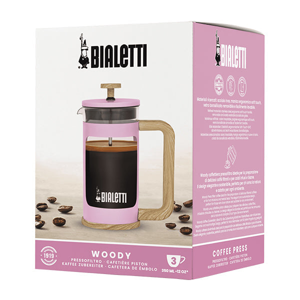 Bialetti Pink Woody Coffee Press 350ml with durable heatproof glass and wood look handle