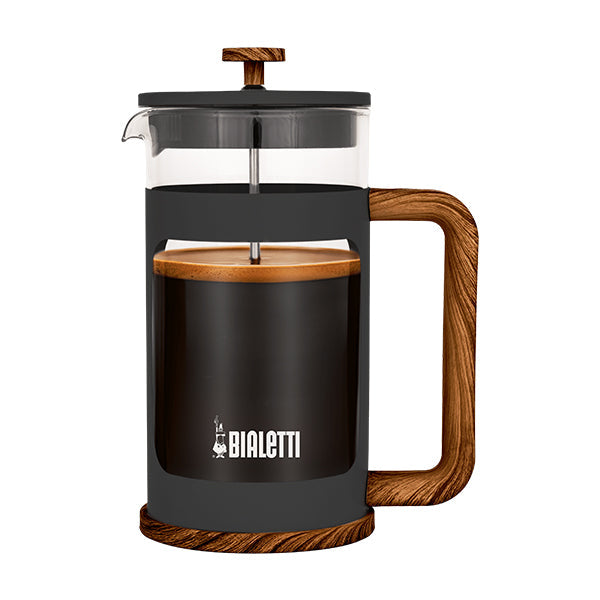 Bialetti Woody Coffee Press Dark 1L with sleek wood look handle and durable borosilicate glass design
