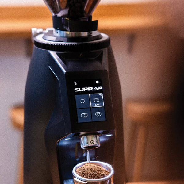 Black Macap Supra 83 high performance espresso coffee grinder with 83mm flat burrs for professional café use