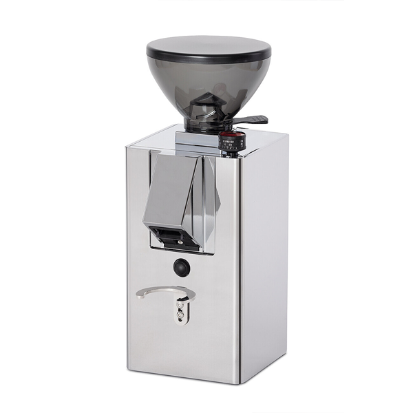 La Pavoni Kube Mill Coffee Grinder in chrome finish, featuring 50mm flat burrs and stepless grind adjustment for precise espresso preparation