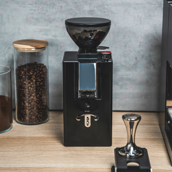 La Pavoni Kube Mill Espresso Coffee Grinder in black, featuring 50mm flat burrs and stepless grind adjustment for precise espresso preparation