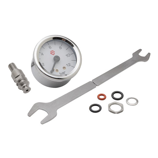 Lelit Manometer Upgrade Kit components: round pressure gauge (0–12 bar), mounting wrench, fittings, and seals