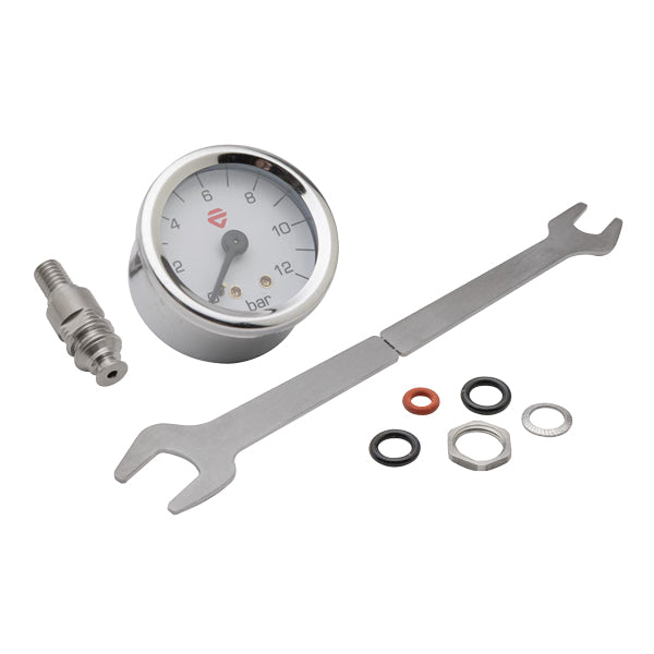 Lelit Manometer Upgrade Kit components: round pressure gauge (0–12 bar), mounting wrench, fittings, and seals