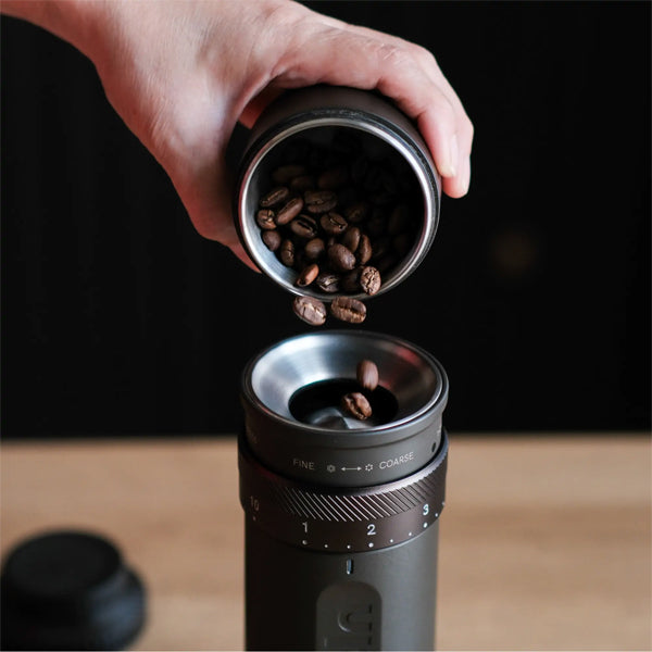 OutIn Fino Portable Electric Coffee Grinder in Matte Brown Finish