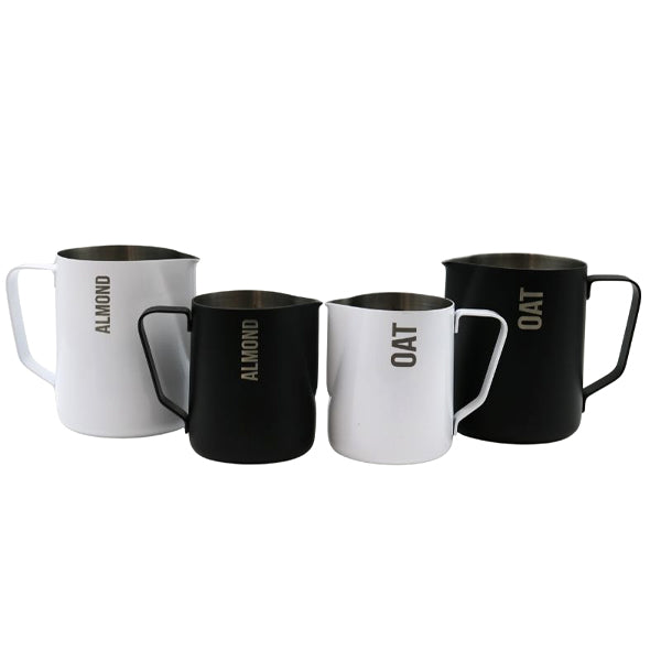 Rhino Pro Stealth Cafe Black and White Set matching milk pitchers designed for professional barista use