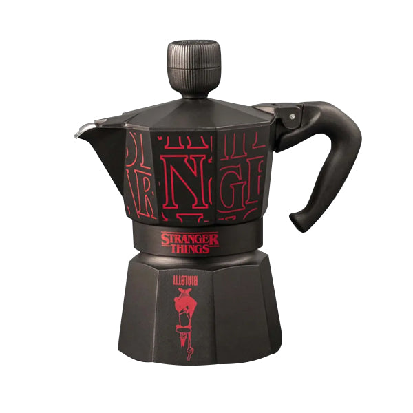 Stranger Things Moka Express 3 Cup stovetop coffee maker with vintage Hawkins artwork