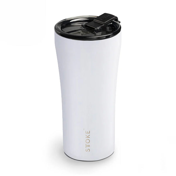 Sttoke Classic Series Angel White ceramic reusable coffee cup with insulated stainless steel body and ceramic lining