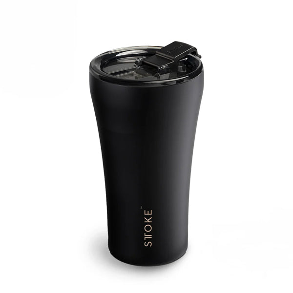 Sttoke Classic Series Black Luxe ceramic reusable coffee cup with insulated stainless steel body and ceramic lining