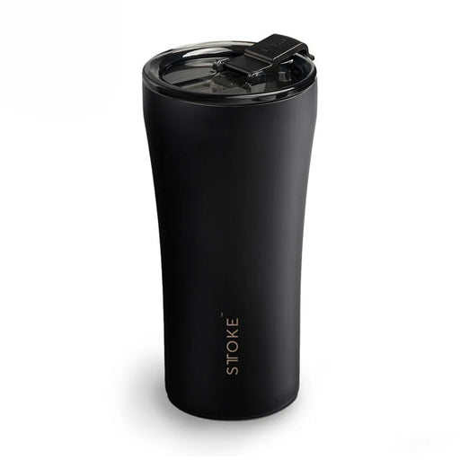Sttoke Classic Series Luxe Black ceramic reusable coffee cup with insulated stainless steel body and ceramic lining