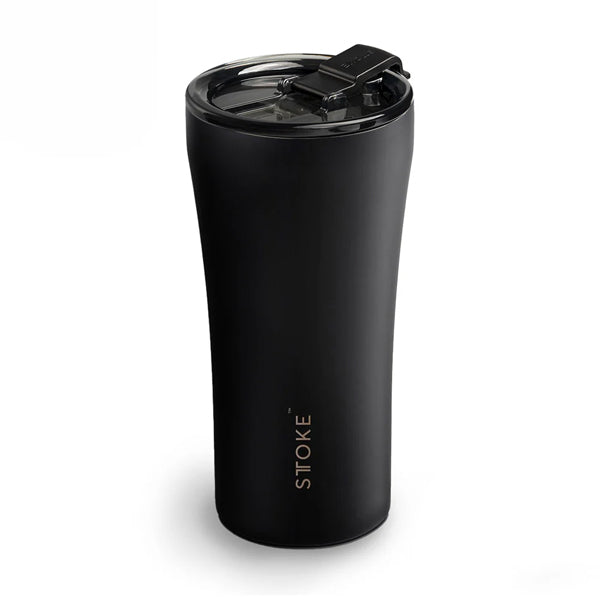 Sttoke Classic Series Luxe Black ceramic reusable coffee cup with insulated stainless steel body and ceramic lining