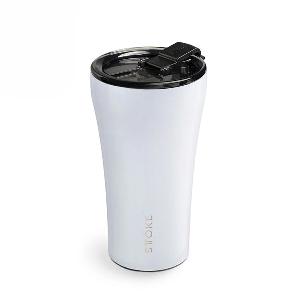 Sttoke Classic Series White Angel ceramic reusable coffee cup with insulated stainless steel body and ceramic lining